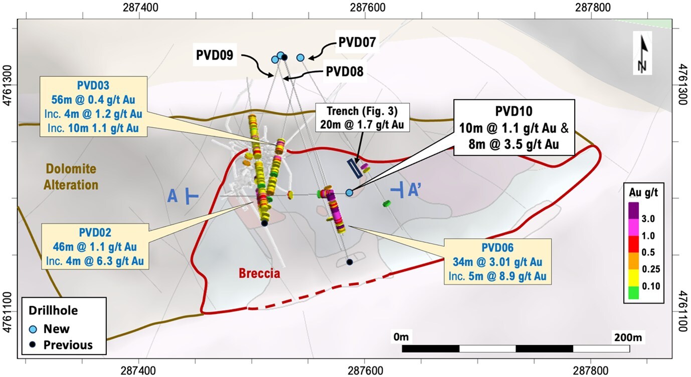 Figure 2 – Summary map with drillholes, cross section A-A’ (Fig. 1) and surface trench location (Fig.3), and selected results (1) (CNW Group/Pan Global Resources Inc.)