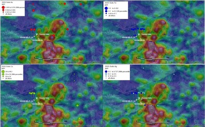 Figure 1 Maps showing Au, Te, Cu and Ag soil anomalies relative to the 1999 drill-holes and trench (marked by an X) underlain my 25m depth slice of TMI. (CNW Group/Northern Shield Resources Inc.)