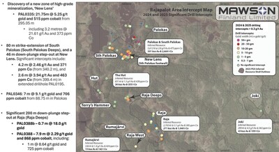 Figure 2. Map of the Rajapalot project illustrating significant Au-Co drilling intercepts from the previous 2024 and 2025 drilling programs by Mawson Finland Limited. (CNW Group/Goldsky Resources Corp.)