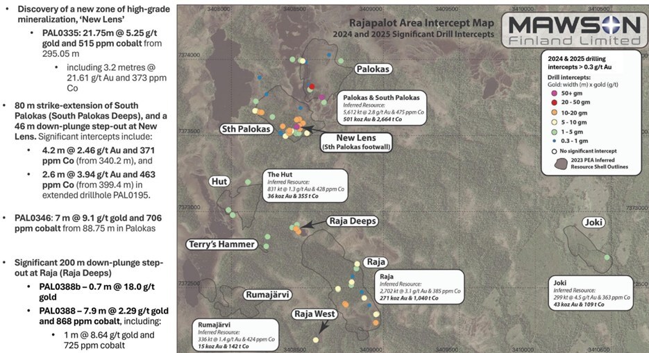 Figure 2. Map of the Rajapalot project illustrating significant Au-Co drilling intercepts from the previous 2024 and 2025 drilling programs by Mawson Finland Limited. (CNW Group/Goldsky Resources Corp.) Figure 2. Map of the Rajapalot project illustrating significant Au-Co drilling intercepts from the previous 2024 and 2025 drilling programs by Mawson Finland Limited. (CNW Group/Goldsky Resources Corp.)