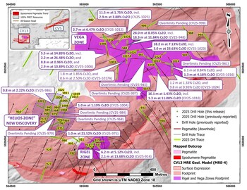 Figure 1: Drill hole result highlights at the CV13 Pegmatite (caesium). (CNW Group/PMET Resources Inc.) Figure 1: Drill hole result highlights at the CV13 Pegmatite (caesium). (CNW Group/PMET Resources Inc.)