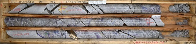 Figure 3: Large pollucite crystals in drill hole CV25-1023 from the Vega Zone. Core grades 3.0 m at 23.63% Cs2O (from 138.1 m to 141.1 m) within a wider mineralized interval of 18.2 m at 7.13% Cs2O (138.1 m to 156.2 m) (CNW Group/PMET Resources Inc.)