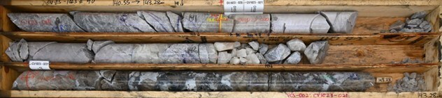 Figure 3: Large pollucite crystals in drill hole CV25-1023 from the Vega Zone. Core grades 3.0 m at 23.63% Cs2O (from 138.1 m to 141.1 m) within a wider mineralized interval of 18.2 m at 7.13% Cs2O (138.1 m to 156.2 m) (CNW Group/PMET Resources Inc.)