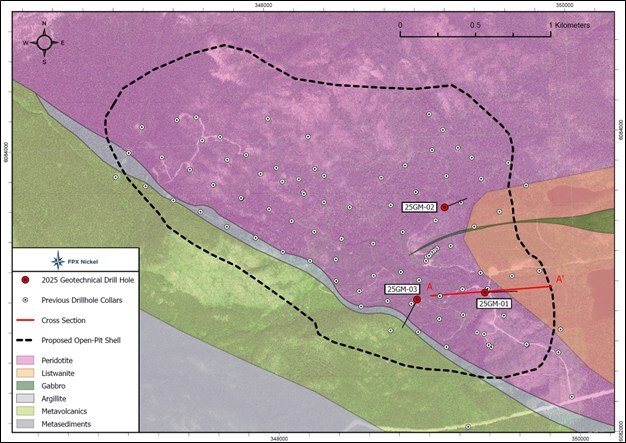 Figure 1: Baptiste Plan Map with 2025 Drillhole Collar Locations and proposed open pit (refer to Figure 2 for section A- Aˈ) (CNW Group/FPX Nickel Corp.) Figure 1: Baptiste Plan Map with 2025 Drillhole Collar Locations and proposed open pit (refer to Figure 2 for section A- Aˈ) (CNW Group/FPX Nickel Corp.)