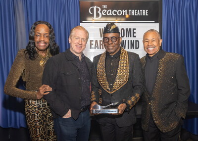 Earth, Wind & Fire’s Verdine White, Phillip Bailey, and Ralph Johnson receive the SoundExchange Hall of Fame Award from SoundExchange President & CEO Michael Huppe backstage at the Beacon Theater in New York City. (Photo credit: Andre Jones)