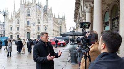 Bishop Sean Douglas, Second Counselor in the Church’s Presiding Bishopric, speaks with a journalist in Milan, Italy, on Tuesday, February 3, 2026. At an event earlier that day, Bishop Douglas announced how the Church will support the 2034 Utah Olympic and Paralympic Winter Games.