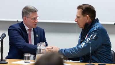 Utah 2034 Executive Chair and President Fraser Bullock (right) speaks with Bishop Sean Douglas (left), Second Counselor in the Church’s Presiding Bishopric, at a media event at the headquarters of the Milan Foreign Press Association on Tuesday, February 3, 2026. At the event, Bishop Douglas announced how the Church will support the 2034 Utah Olympic and Paralympic Winter Games.