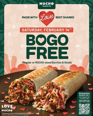 On February 14th, MUCHO is sharing the love with a buy one, get one FREE on burritos or bowls. In store only. (CNW Group/MTY Franchising Inc., MUCHO Burrito)