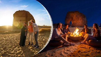 Sun-lit moments unfold among the timeless heritage of AlUla's Hegra, while a warm fire sets the scene for a magical night of stargazing.