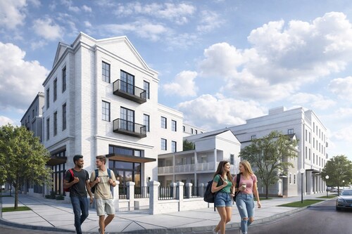 Rendering of a modern white brick apartment building with balconies and ground-floor retail along a tree-lined sidewalk, with pedestrians, parked cars, and a partly cloudy blue sky.