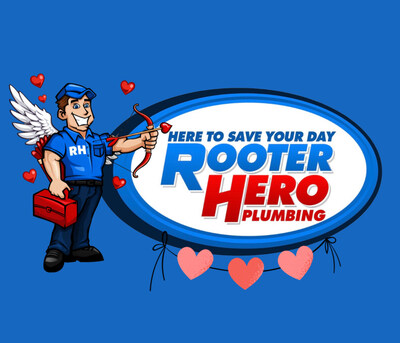 Valentine’s Day–themed Rooter Hero Plumbing graphic featuring a smiling cartoon plumber dressed as Cupid with wings, holding a bow and heart-tipped arrows, standing beside the Rooter Hero Plumbing logo on a blue background with hearts. (PRNewsfoto/Rooter Hero Plumbing & Air)