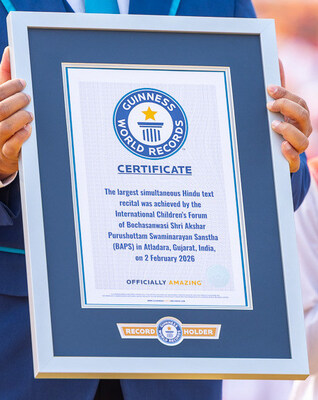 The Guinness World Records certificate recognizing the largest simultaneous Hindu text recital, achieved by BAPS children