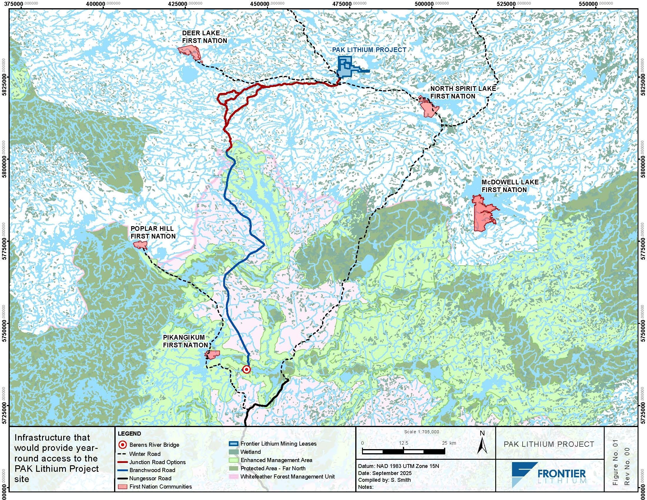 Junction Road alternatives for the PAK Lithium Project are highlighted in red. (CNW Group/Frontier Lithium Inc.) Junction Road alternatives for the PAK Lithium Project are highlighted in red. (CNW Group/Frontier Lithium Inc.)