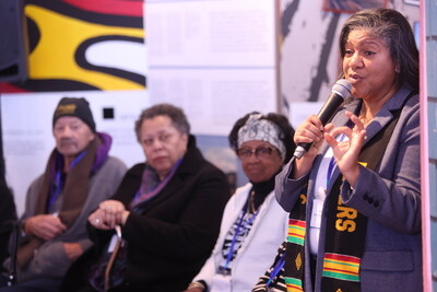Juanita Peters, Director of the Africville Museum, leads a powerful conversation with Africville Elders during the exhibit opening at IKEA Halifax. (CNW Group/IKEA Canada Limited Partnership)