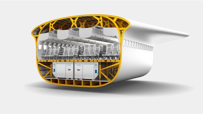 Cross section shows design modifications to accommodate standard cargo containers without hampering space for passenger seating.
