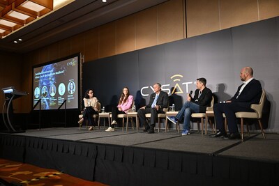 Panelists explore the intersection of quantum computing and satellite security at CYSAT Asia. (L-R): Emna Amri (CYSEC), Anna Beata Kalisz Hedegaard (Quantum Security Defence), Corey McClelland (IonQ), Prof. Michael Kasper (Fraunhofer Singapore), and Nicolas Pouymonbrat (IDQuantique).