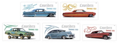 Las cinco estampillas muestran fotografías de automóviles lowriders personalizados e incluyen: un Chevrolet Fleetline azul de 1946, un Chevrolet Impala azul de 1958, un Impala rojo de 1963, un Impala naranja de 1964 y un Oldsmobile Cutlass Supreme verde de 1987. (PRNewsfoto/U.S. Postal Service)