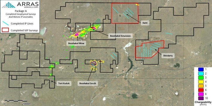 Figure 2: Package A concessions with principal exploration targets, historic chargeability anomalies and completed IP and VIP surveys. (CNW Group/Arras Minerals Corp.)