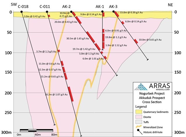 Figure 11: Section through Akkuduk Target, showing historic gold intercepts. Exact locations of these drill-holes are unknown. (CNW Group/Arras Minerals Corp.)