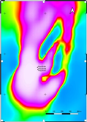 Figure 2: Aeromagnetic Image Showing Prominent North-South Magnetic Feature and Interpreted Folding (CNW Group/Nican Ltd.)