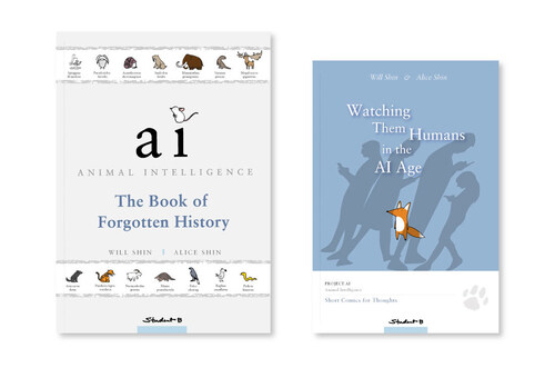 Cover images from the Animal Intelligence series, a new publishing project by Student B Press that uses animal fables and editorial-style cartoons to reflect on the world in the age of artificial intelligence.