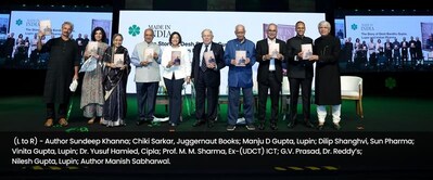 (L to R) - Author Sundeep Khanna; Chiki Sarkar, Juggernaut Books;  Manju D Gupta, Lupin;  Dilip Shanghvi, Sun Pharma; Vinita Gupta, Lupin; Dr. Yusuf Hamied, Cipla; Prof. M. M. Sharma, Ex-(UDCT) ICT; G.V. Prasad, Dr. Reddy’s;  Nilesh Gupta, Lupin; Author Manish Sabharwal.