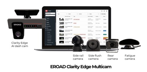 EROAD's new Clarity Edge Multicam expands EROAD’s existing Clarity Edge AI dashcam into a multicamera fleet protection system. Fleets can add side, rear, cabin, and cargo cameras to build a broader view around each vehicle.