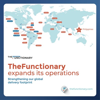 Map of The Functionary’s global delivery locations, including current operations and planned expansions in 2026 and 2027. These centers support in-office customer operations, regulated services, and AI-enabled workflows across multiple time zones.