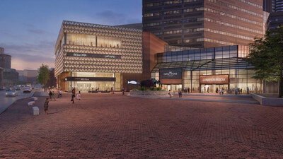 Copley Place Plaza View at Night. Renderings disclaimer - *All renderings, illustrations, and images presented herein, are approximate artistic representations intended only for conceptual and referential purposes and are subject to change at any time.
