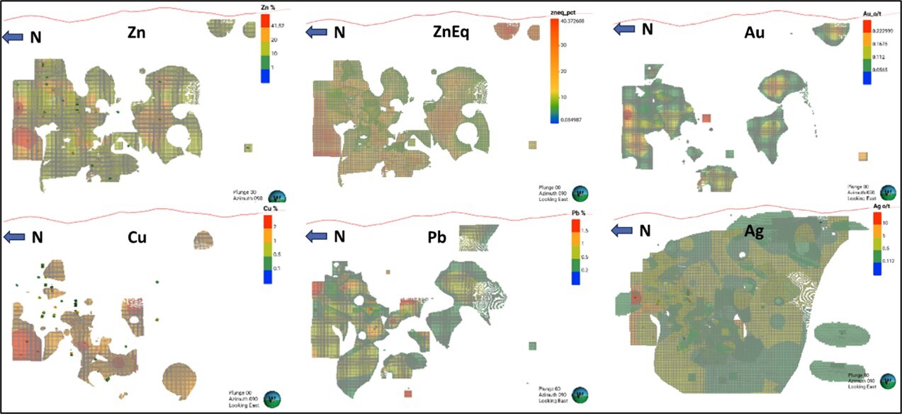 Figure 1.3 Longitudinal section along the mineralized zone (looking east) illustrating the distribution of precious and base metals and a consistent high-grade extension to the NW. (CNW Group/Blue Moon Metals) Figure 1.3 Longitudinal section along the mineralized zone (looking east) illustrating the distribution of precious and base metals and a consistent high-grade extension to the NW. (CNW Group/Blue Moon Metals)