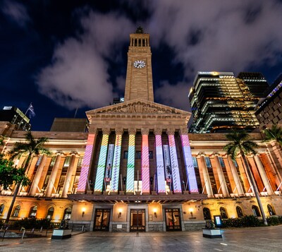 Brisbane City Hall illuminated with Royal Edinburgh Military Tattoo tartan projection. Credit: VisitScotland / Xavier Montaner