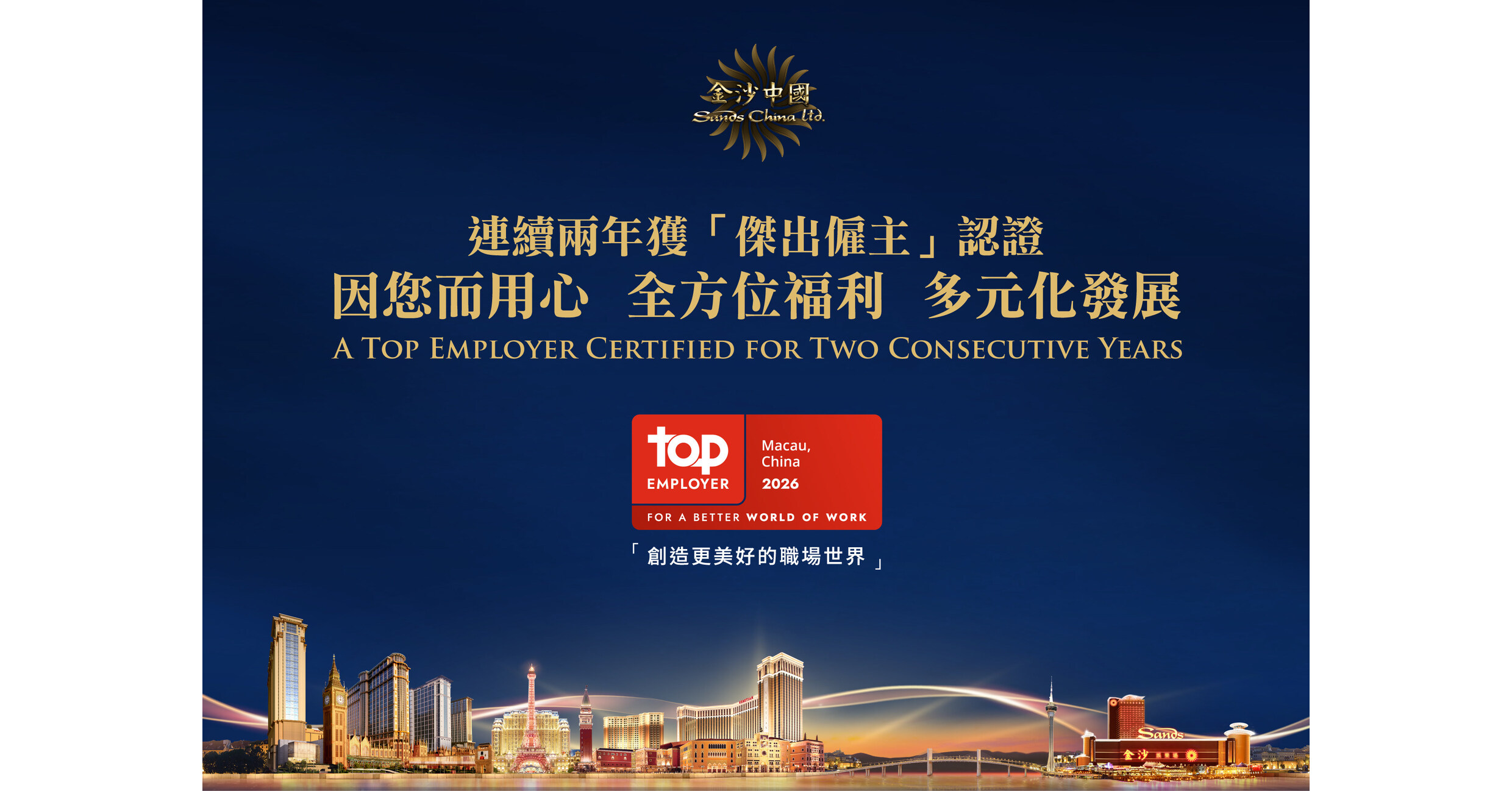 Sands China Awarded 2nd Consecutive Top Employer Certification
