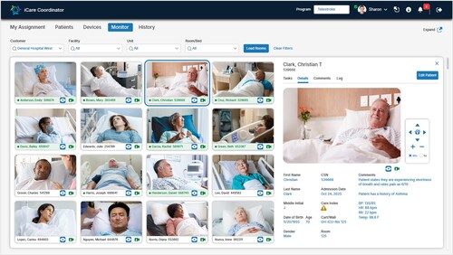 The new Monitor dashboard in Caregility’s iCare Coordinator application supports real-time situational awareness of all patient rooms on a unit.