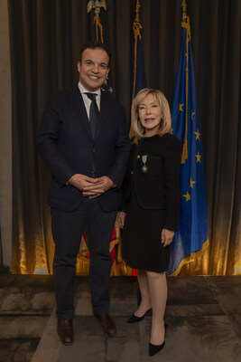 SCAD President and Founder Paula Wallace and Cultural Counselor of France Mohamed Bouabdallah portrait at Villa Albertine New York City Feb 11 2026, photo courtesy SCAD