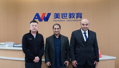 Group photo of Wang Jing (left), Founder and CEO of AW Education International, Dr. Ahmed (center), former Cultural and Education Attaché of Saudi Arabia to China, and Abdallah (right), Executive Director and President of a leading Saudi education institution. (PRNewsfoto/AW Education International)