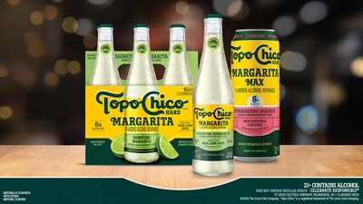 Topo Chico Hard debuts its signature margarita in the iconic glass bottle alongside the new Margarita MAX FAB Strawberry Hibiscus.