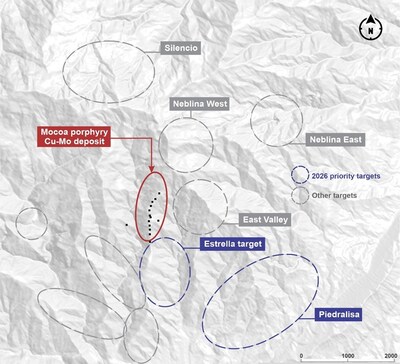 Figure 1. Plan view of the Mocoa porphyry Cu-Mo deposit and surrounding targets. 2026 priority targets are the La Estrella and Piedralisa. Definitions for each exploration target are based on mapping, geochemistry and geophysics. *black squares denote drill collars. (CNW Group/COPPER GIANT RESOURCES CORP.)