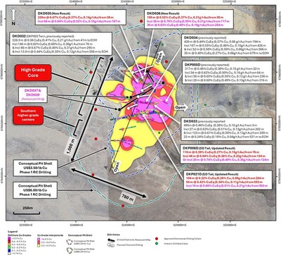 Figure 2. Plan view map of La Verde showing planned and returned drilling compared with updated +0.2% copper (yellow), +0.3% copper (red), +0.4% copper (magenta) mineralisation interpolants. Conceptual open pit shells(1) displayed for $US3.50/lb Cu (blue) and $US6.00/lb Cu (green) displayed as dashed lines. Results reported including CuEq(2). (CNW Group/Hot Chili Limited) Figure 2. Plan view map of La Verde showing planned and returned drilling compared with updated +0.2% copper (yellow), +0.3% copper (red), +0.4% copper (magenta) mineralisation interpolants. Conceptual open pit shells(1) displayed for $US3.50/lb Cu (blue) and $US6.00/lb Cu (green) displayed as dashed lines. Results reported including CuEq(2). (CNW Group/Hot Chili Limited)