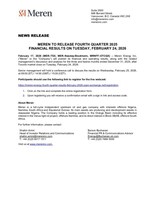 MEREN TO RELEASE FOURTH QUARTER 2025 FINANCIAL RESULTS ON TUESDAY, FEBRUARY 24, 2026