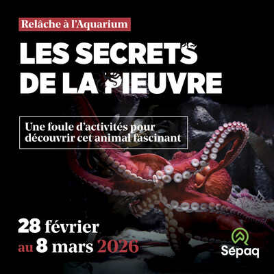 Pour la relâche, qui se tient du 28 février au 8 mars 2026 à l’Aquarium du Québec, nos guides animaliers ont organisé toutes sortes d’activités sur la thématique de la pieuvre, cette espèce fascinante. (Groupe CNW/Société des établissements de plein air du Québec)