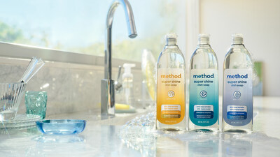 method super shine gel dish soaps in coastal citron, dewy daze, and free + clear scents