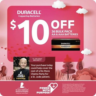 Batteries Plus is proud to announce a partnership supporting St. Jude Children’s Research Hospital® (St. Jude). Batteries Plus is pledging to donate $7 to St. Jude for every qualifying Duracell Coppertop AA or AAA 36-pack of batteries sold in February. Customers can also receive instant savings of $10 off qualifying 36-packs of batteries during the promotional period. For more info, visit batteriesplus.com/power-with-purpose Batteries Plus is proud to announce a partnership supporting St. Jude Children’s Research Hospital® (St. Jude). Batteries Plus is pledging to donate $7 to St. Jude for every qualifying Duracell Coppertop AA or AAA 36-pack of batteries sold in February. Customers can also receive instant savings of $10 off qualifying 36-packs of batteries during the promotional period. For more info, visit batteriesplus.com/power-with-purpose