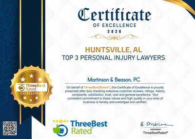 Martinson & Beason, P.C. is listed as an expert-recommended Top 3 Personal Injury Lawyer in Huntsville, AL