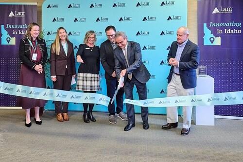 Neil Fernandes, senior vice president of Global Customer Operations for Lam Research, is joined by U.S. Senator Jim Risch; John Whitman, corporate vice president of central engineering and procurement at Micron; and local government, community, and academic leaders at a ribbon-cutting ceremony at Lam's new Boise office.