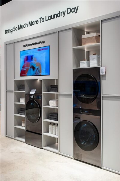 The display features LG's innovative and reliable laundry solutions like the energy-efficient WashCombo™ All-in-One and the space-saving AI WashTower™, both providing powerful cleaning and smart functionality.