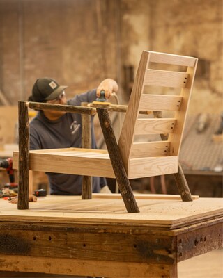 Craftspeople at Old Hickory Furniture’s Shelbyville, Indiana, facility shape and assemble handcrafted hickory furniture. Founded in 1899, the company continues its legacy of American manufacturing.