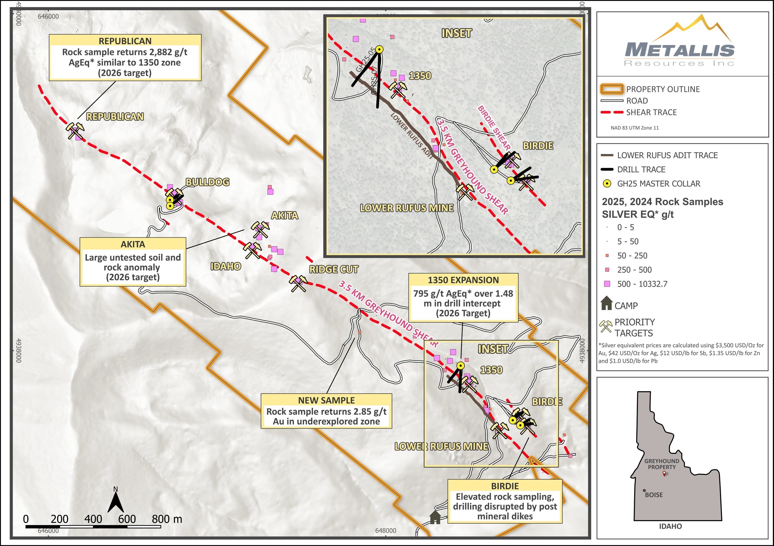 Greyhound Property Map with Prospective Targets and 2025 drilling (CNW Group/Metallis Resources Inc.) Greyhound Property Map with Prospective Targets and 2025 drilling (CNW Group/Metallis Resources Inc.)