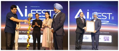 MP Satnam Singh Sandhu along with EduTech Entrepreneur Ronnie Screwvala & Social Influencer Ankur Warikoo inaugurating India's first AI Fest at Chandigarh University