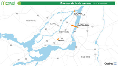 1. Entraves de fin de semaine, du 20 au 23 février (Groupe CNW/Ministère des Transports et de la Mobilité durable) 1. Entraves de fin de semaine, du 20 au 23 février (Groupe CNW/Ministère des Transports et de la Mobilité durable)