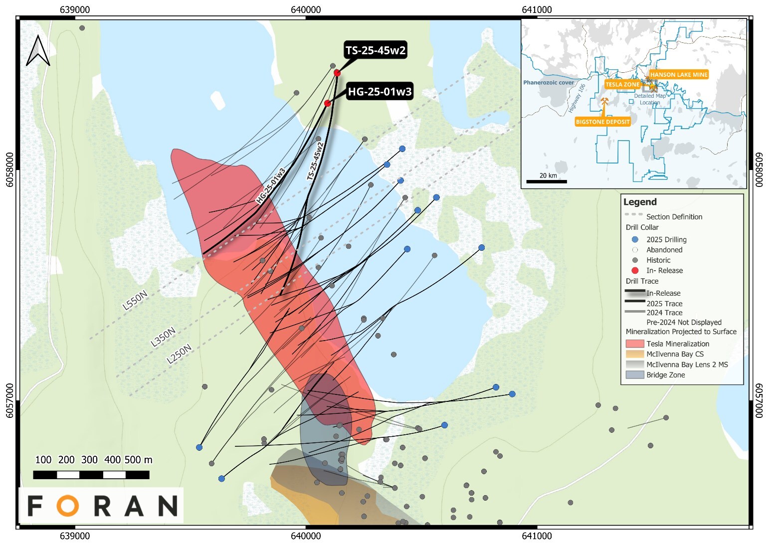 Figure 1 – Plan view with the location of drill holes presented in this release, along with the surface projections of the interpreted Tesla Zone, McIlvenna Bay and Bridge Zone lenses. (CNW Group/Foran Mining Corporation) Figure 1 – Plan view with the location of drill holes presented in this release, along with the surface projections of the interpreted Tesla Zone, McIlvenna Bay and Bridge Zone lenses. (CNW Group/Foran Mining Corporation)